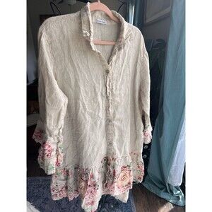 Made in Italy Lagenlook 2X 100% Linen Flax & Floral Rose Shabby Chic Tunic Dress